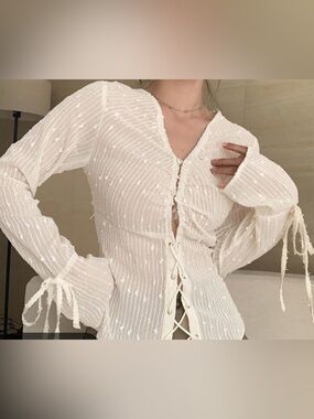 Dazy | Sheer Sequined Lace-Up White Whimsical Long Sleeve Top